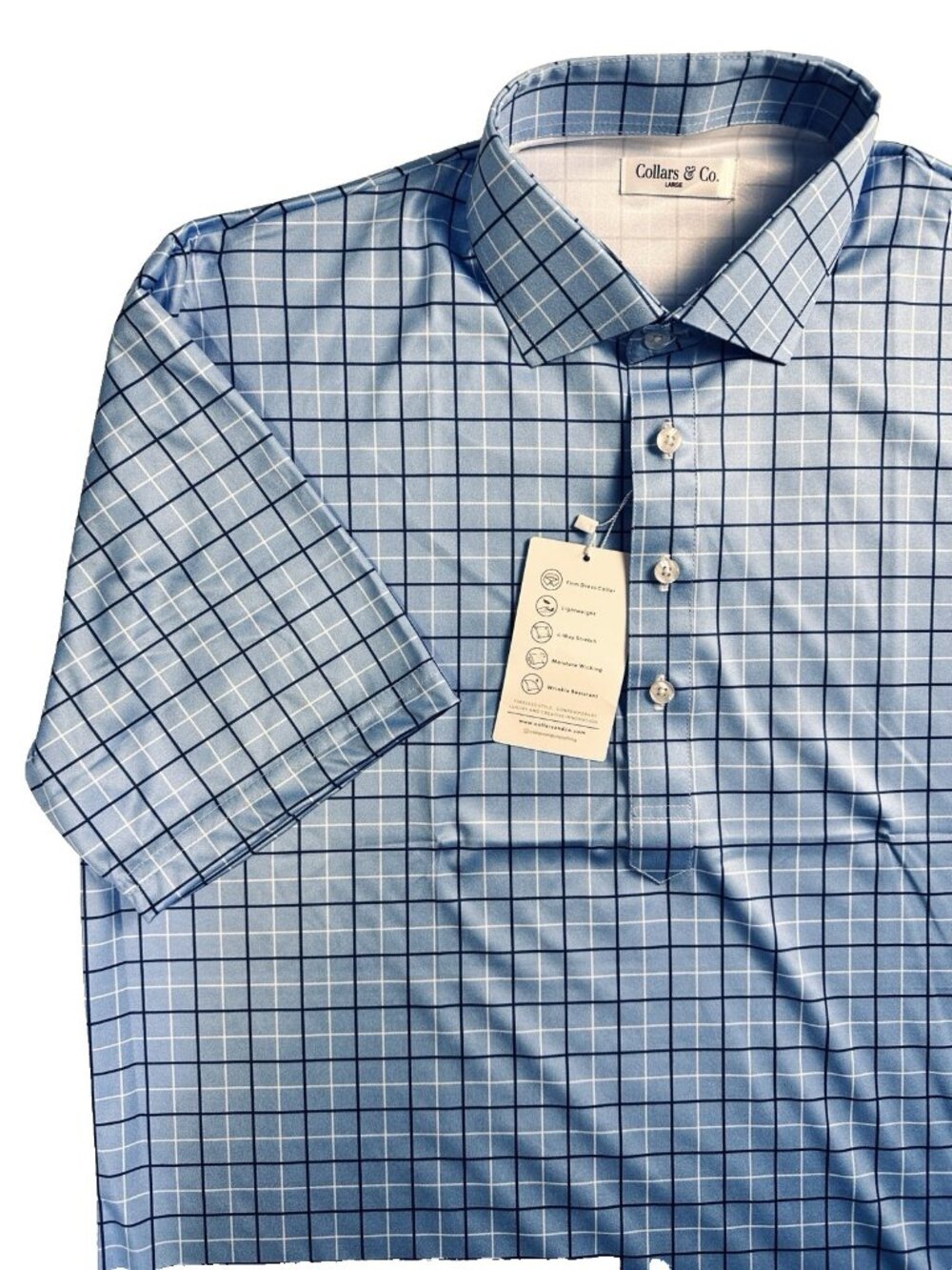 Collars & Co. Semi-Spread Collar Polo Shirt Blue Windowpane Sz Large Golf NWT - Picture 3 of 14